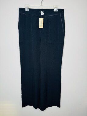 NWT Sundance Barlowe Pants Womens 12 Black Wide Leg 81588-12-D001 Satin Waist Tr